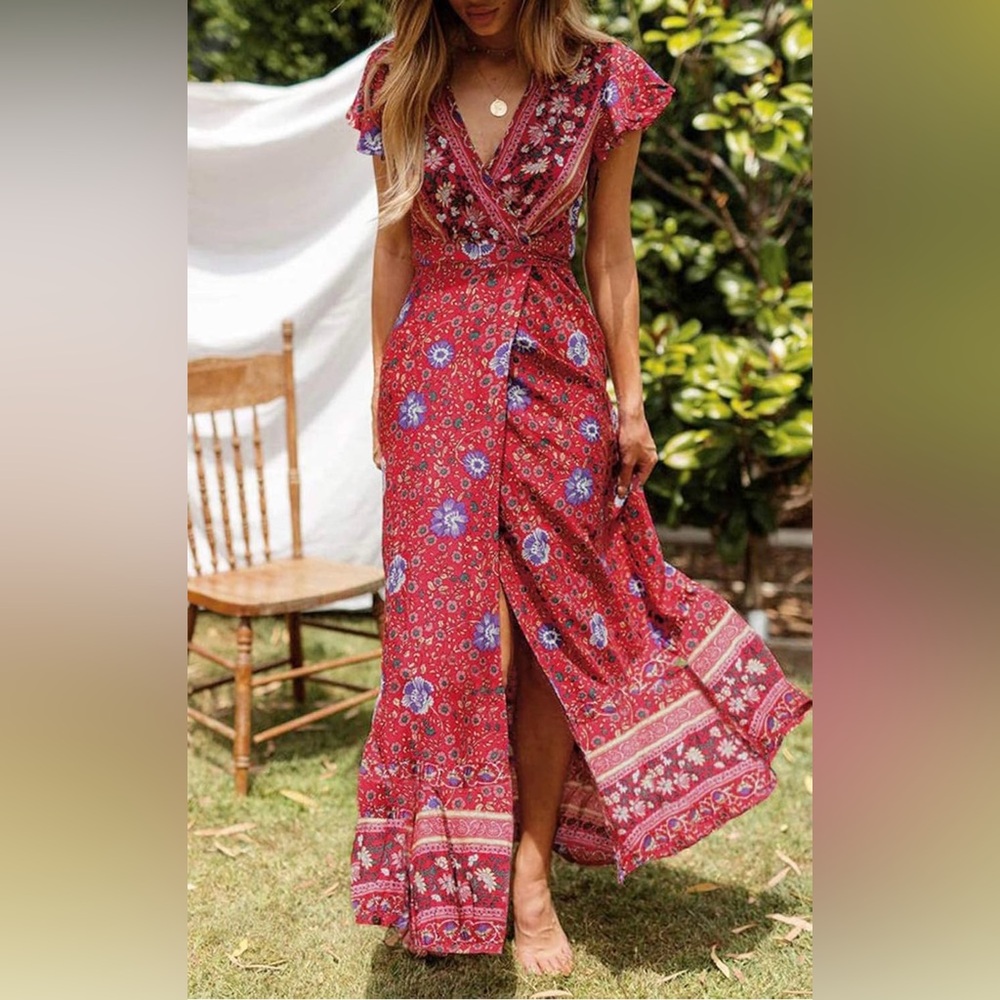 Boho Floral Red Wrap Dress